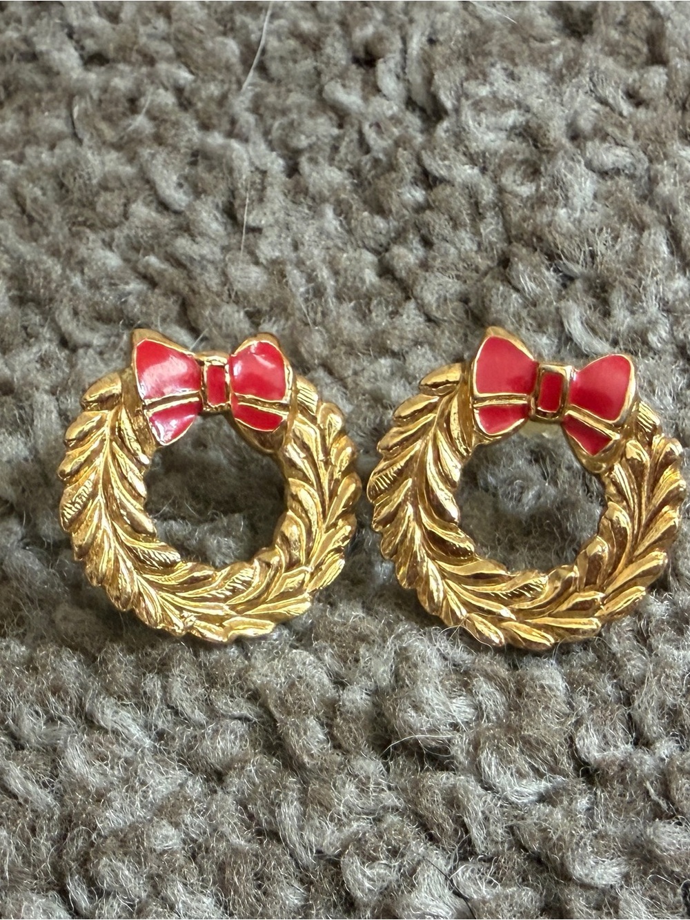 Gold Wreath Earrings with Red Bow - Women's Holiday Studs